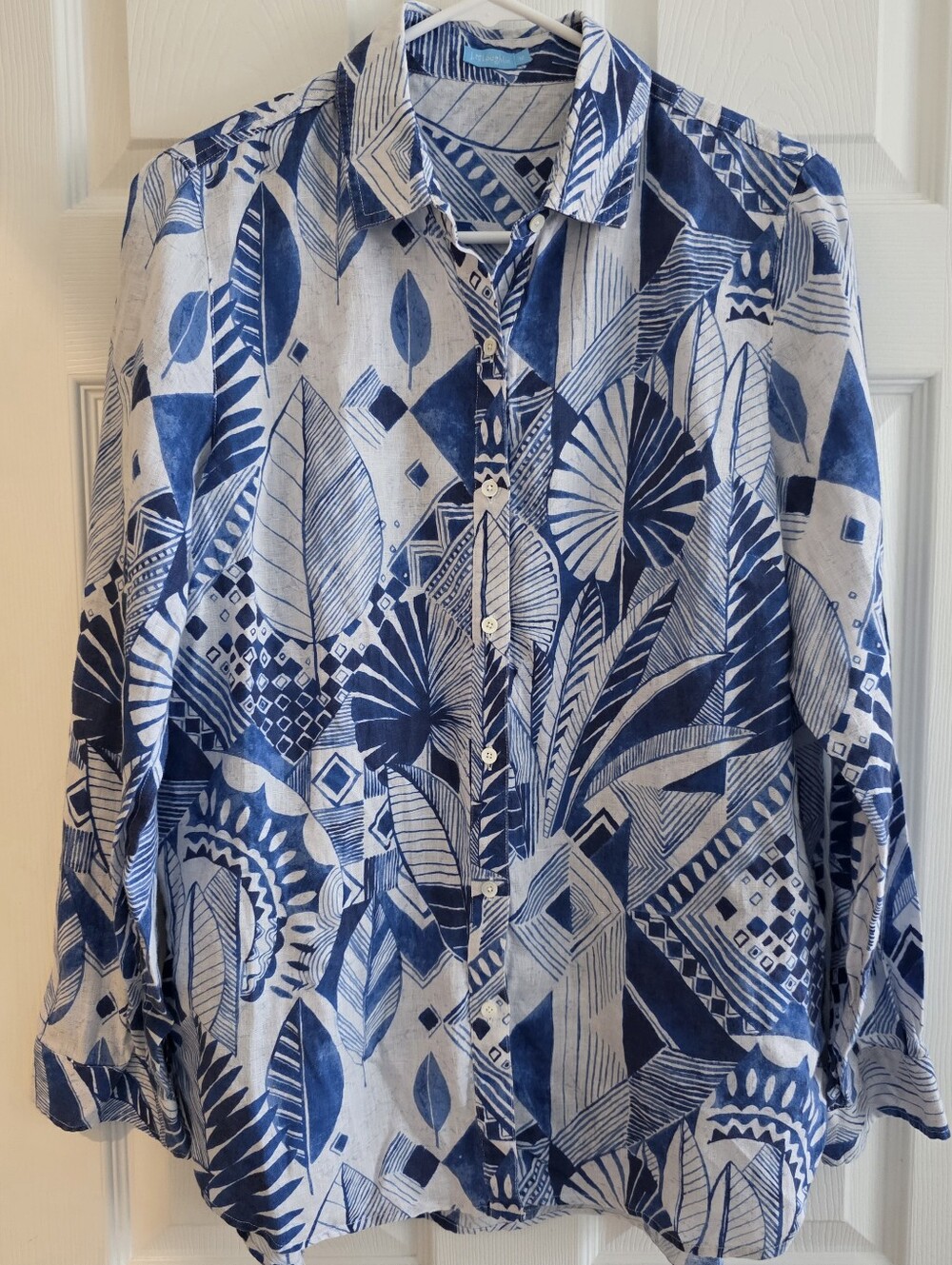 J Mc Laughlin Medium Britt Blouse Blue White Linen Long Sleeves